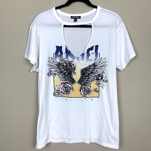 Express Tops - Angel Wings Graphic Tee Choker Neck L
